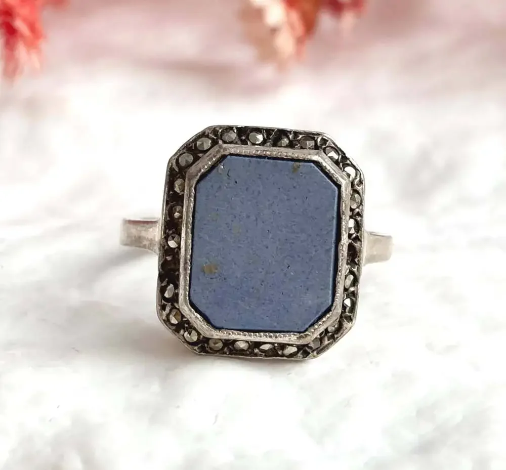 Lapis Lazuli Blue Octagon Shaped Marcasite Framed Gemstone Bezel Set Sterling Si